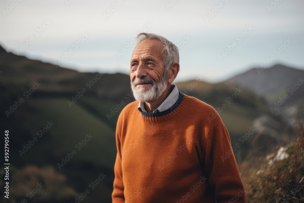 Portrait of a senior man in an orange sweater standing in the countryside Portrait of a senior man in an orange sweater standing in the countryside