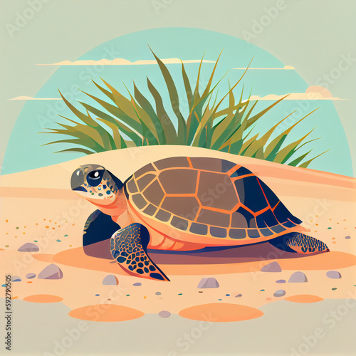 turtle crawling on the sand, vector illustration, flat design style, Generative AI