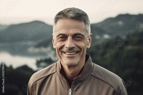 Portrait of smiling senior man on the top of mountain looking at camera