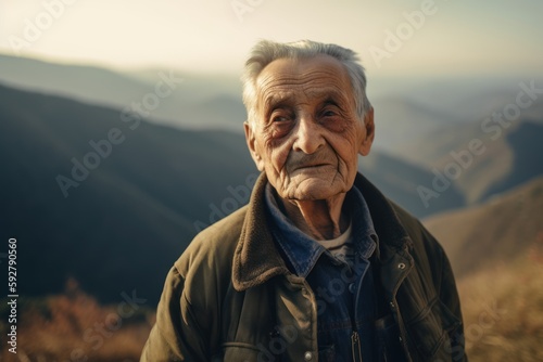 Environmental portrait photography of a pleased elderly 100 years old man wearing a denim jacket against a panoramic landscape background. Generative AI