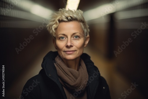 Portrait of a beautiful middle-aged woman with short blond hair in a black coat and scarf © Robert MEYNER