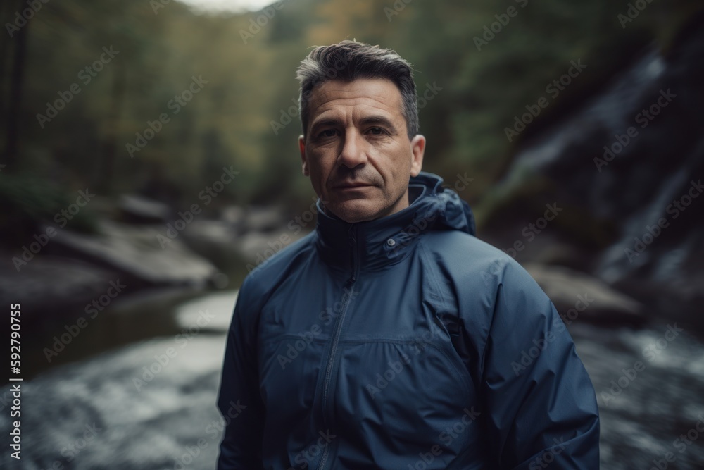 Portrait of a man in a blue jacket on the background of a mountain river Portrait of a man in a blue jacket on the background of a mountain river
