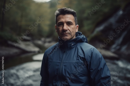 Portrait of a man in a blue jacket on the background of a mountain river