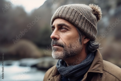Portrait of a mature man in a hat and coat on the background of a mountain river.