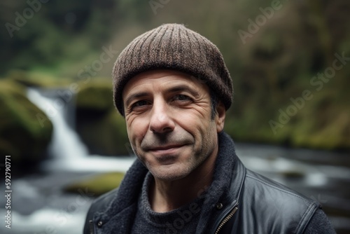 Portrait of a smiling man in a cap and jacket standing by a waterfall