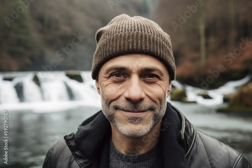 Portrait of a smiling middle-aged man in a hat and jacket on the background of a waterfall