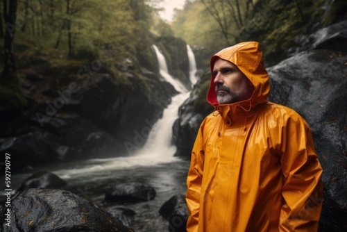 Man in raincoat and yellow raincoat standing in front of waterfall