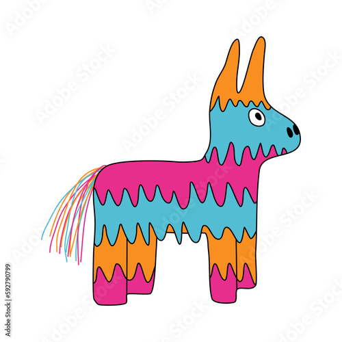 Mexican pinata donkey or llama, toy for child birthday or party celebration, doodle style vector