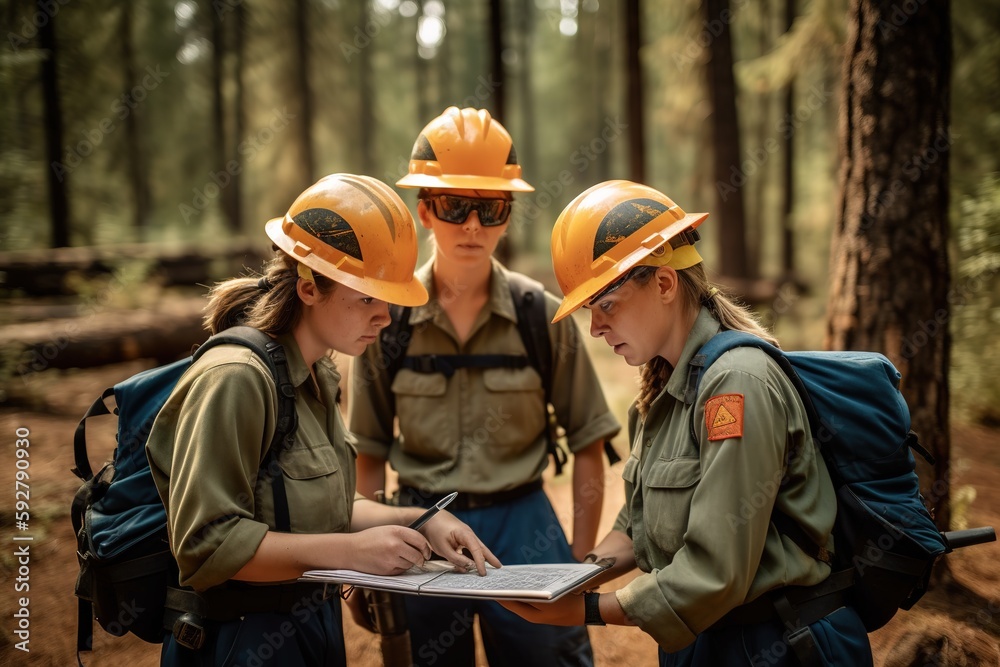 Three female firefighters reviewing plans for tackling a large brush fire at the edge of a forest. One pointing to the map as the others nod along. Generative AI.