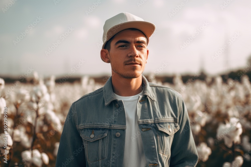 Portrait of a handsome young man in a white cap and denim jacket standing in cotton field.