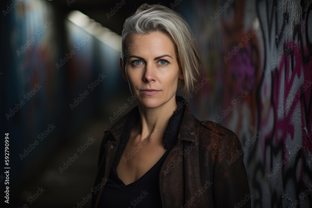 Portrait of a beautiful blonde woman in a dark tunnel with graffiti