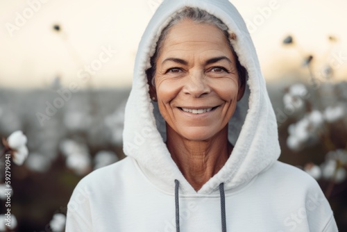 Portrait of smiling senior woman in hoodie standing in cotton field