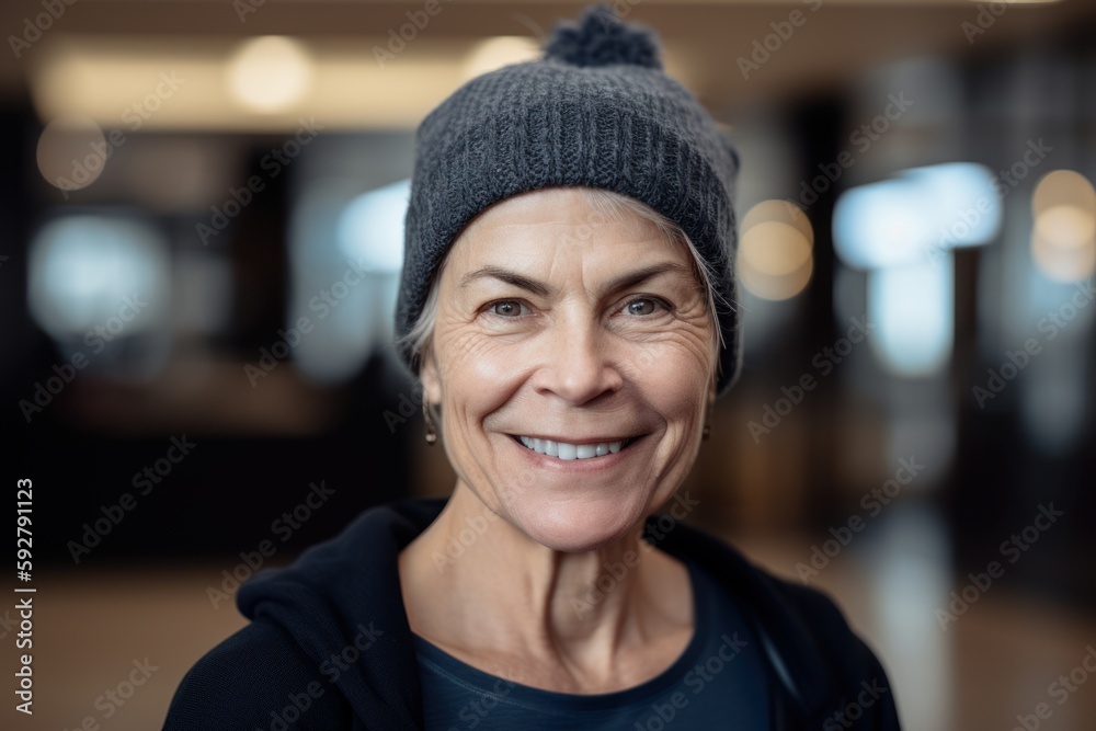 Portrait of smiling senior woman in beanie looking at camera in cafe Portrait of smiling senior woman in beanie looking at camera in cafe