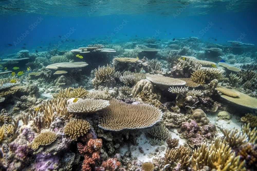 Underwater scene of a coral reef, but the corals are bleaching white, dying off due to rising ocean temperatures. Tropical fish scatter away from their dying habitat. Generative AI