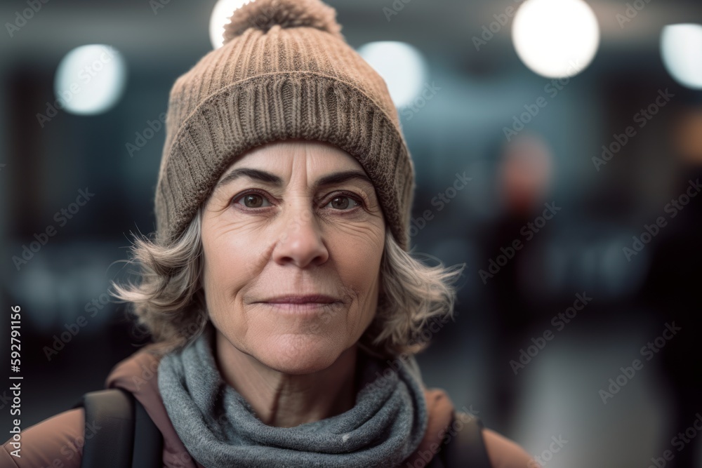 Portrait of senior woman wearing warm hat and scarf in modern city Portrait of senior woman wearing warm hat and scarf in modern city