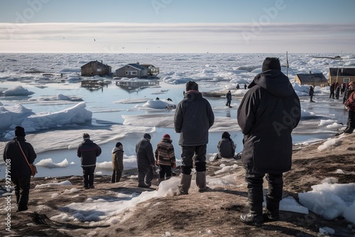 Melting Inuit villagers stand on the shore of an Arctic village, watching with sadness as their historic homes crack, floating away on the sea Fototapet