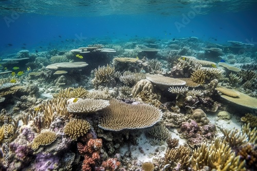 Underwater scene of a coral reef, but the corals are bleaching white, dying off due to rising ocean temperatures. Tropical fish scatter away from their dying habitat. Generative AI
