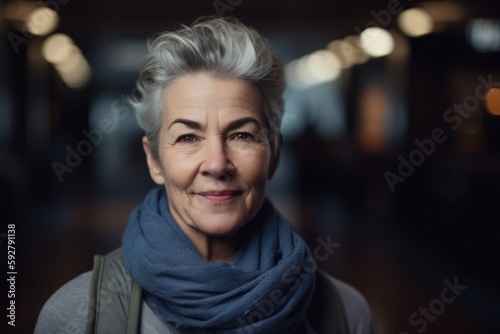 Portrait of senior woman with grey hair at night in the city