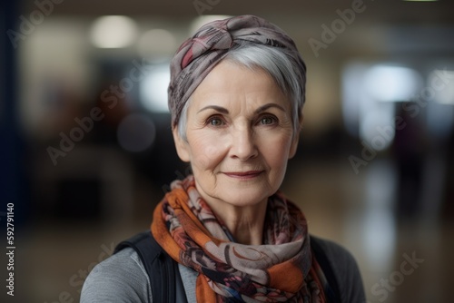 Portrait of beautiful senior woman with scarf at home in the evening