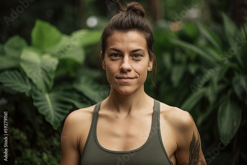 Portrait of a young beautiful woman with tattoos on her arms and shoulders