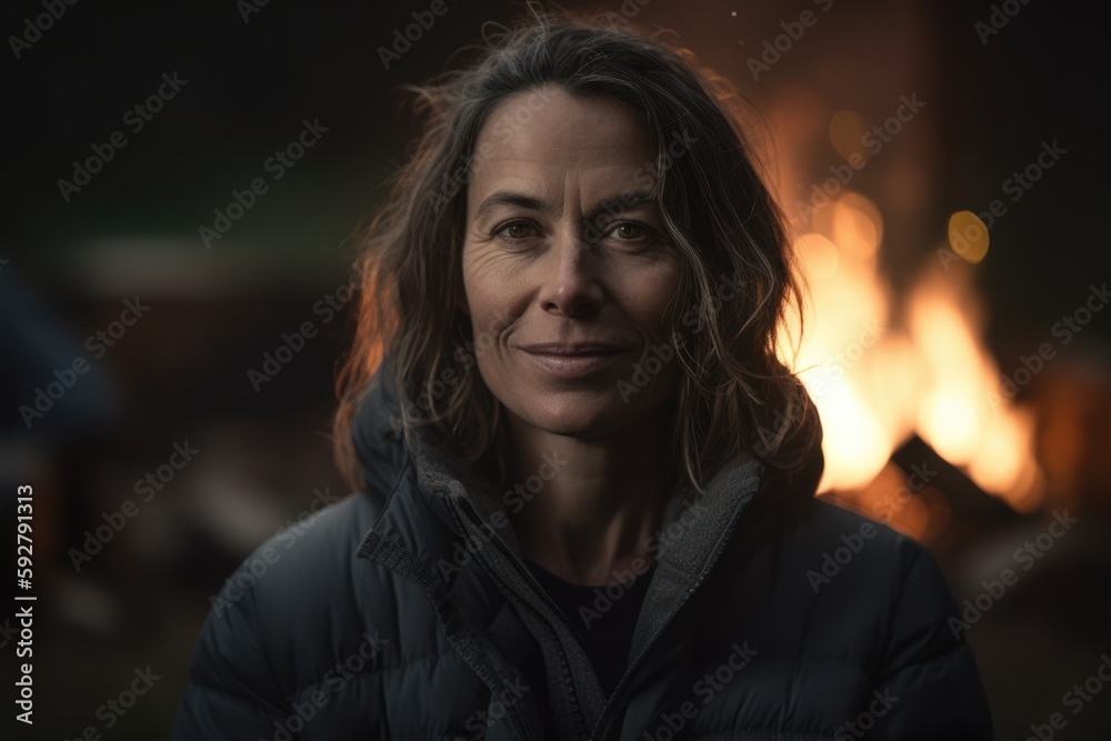 Portrait of a middle aged woman in front of a fireplace. Portrait of a middle aged woman in front of a fireplace.