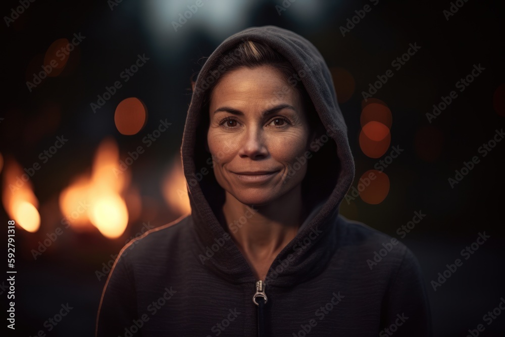 Portrait of a woman in a hood on the background of a bonfire