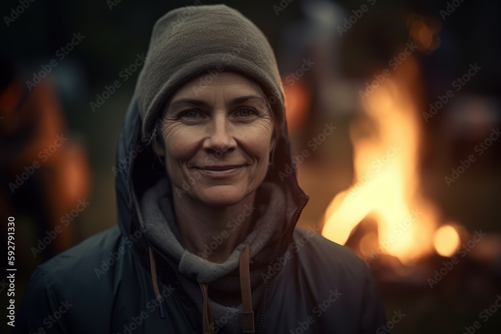 Fototapeta premium Portrait of a smiling middle-aged woman standing in front of a bonfire