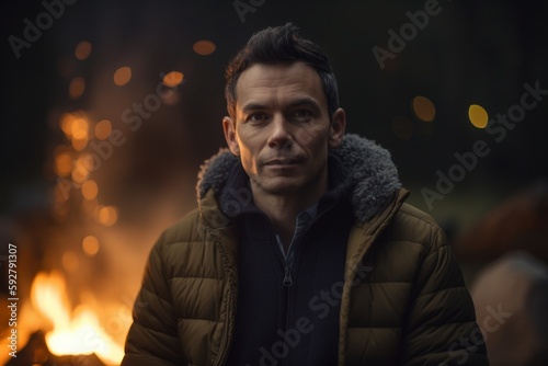 Portrait of a man in front of a bonfire at night