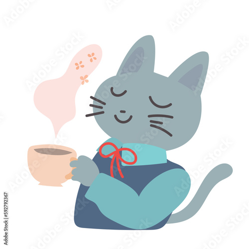 良い香りのティータイムを楽しむシャツを着た灰色の猫のイラスト