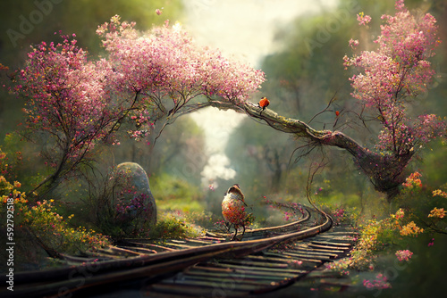 Artistic impression of a springtime journey. A winding road in nature with blossoms and new life.