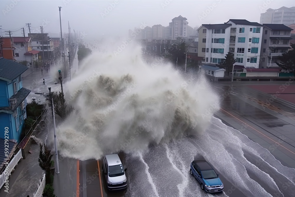tsunami wave crashes into coastal town, flooding buildings and washing ...