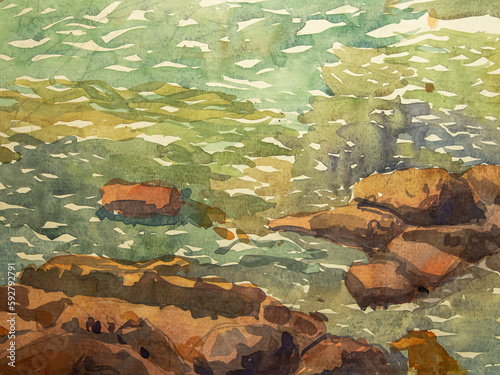 Watercolors on paper. Painting by Sergio Kovalov. River in mountains, Ukraine. © Sergio