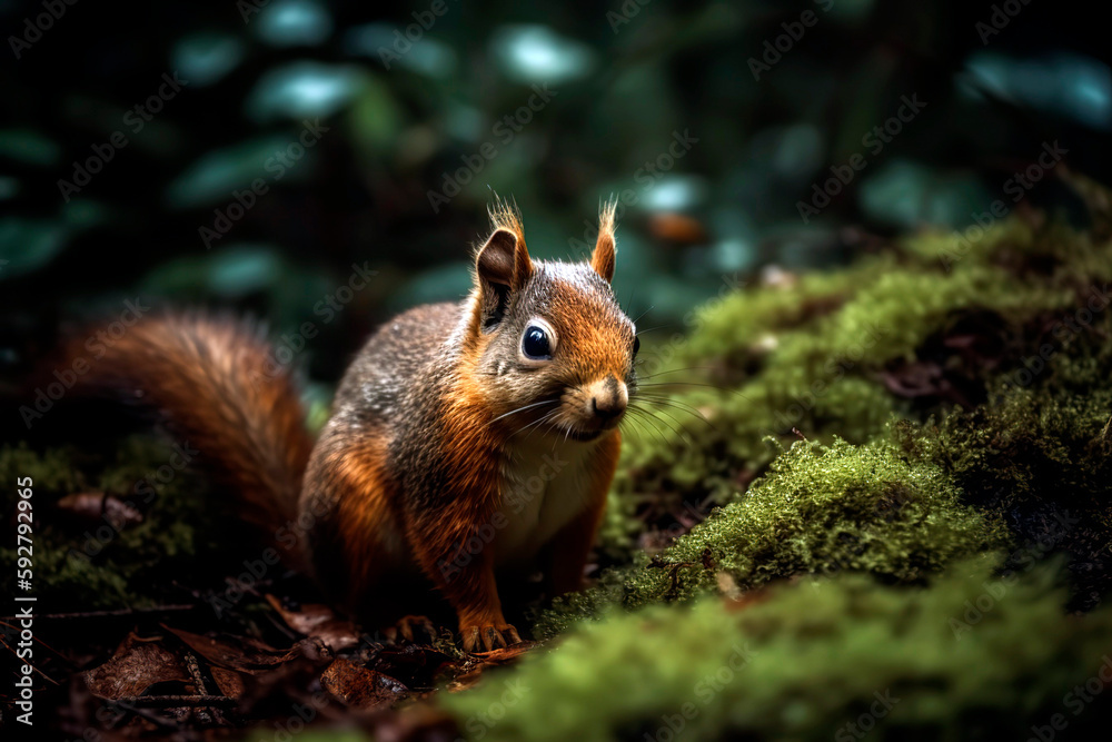 Wild squirrel in the green forest, rainy day. Wild squirrel in the green forest, rainy day.