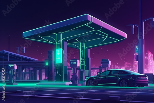 An eco-friendly electric car charging at a city gas station, featuring an industrial landscape, neon elements, and promoting a healthy environment with zero harmful emissions. Generative AI
