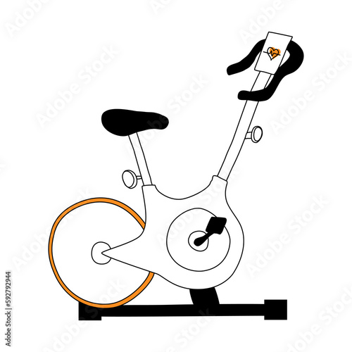 Spinning bicycle for sport activity or fitness class, doodle vector icon