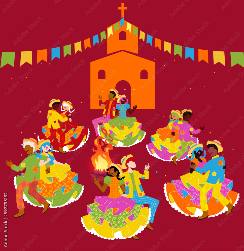 Vetor de casais caipira dançando quadrilha na Festa de São João - Festa Junina