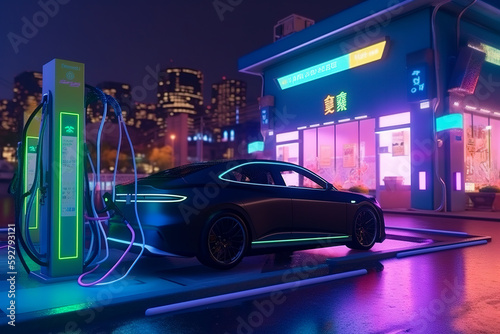 An eco-friendly electric car charging at a city gas station, featuring an industrial landscape, neon elements, and promoting a healthy environment with zero harmful emissions. Generative AI © zaschnaus