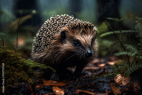 Wild hedgehog in the green forest, rainy day.