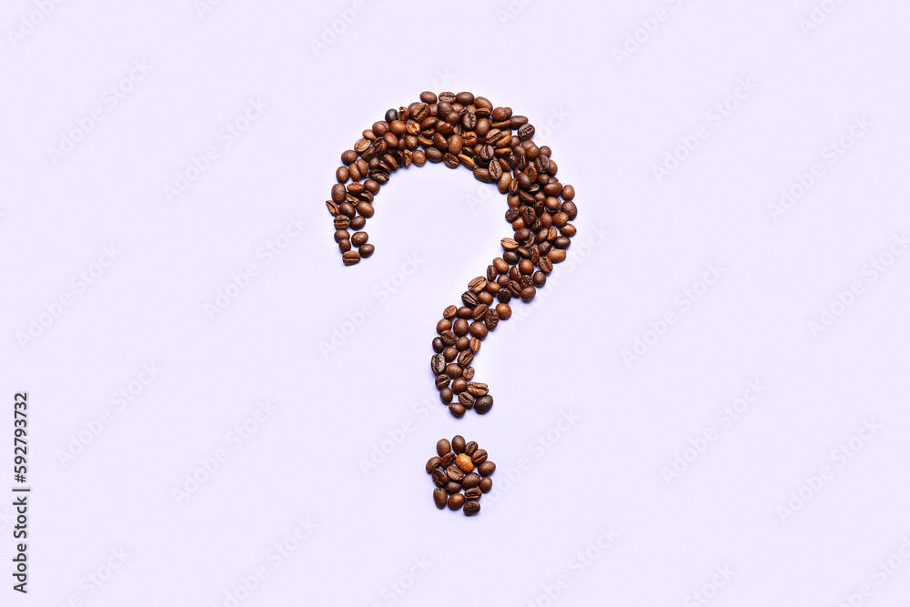 Question mark made of coffee beans on lilac background Question mark made of coffee beans on lilac background