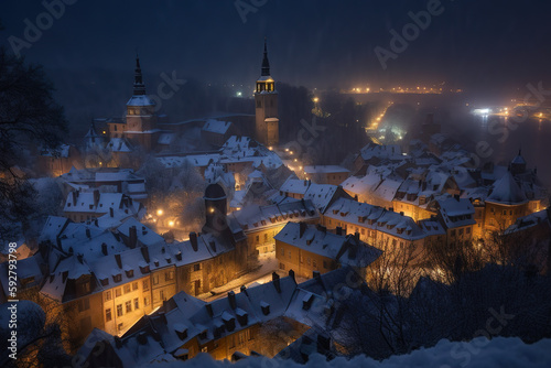 Snowy night over a medieval city, night lights. Generative AI