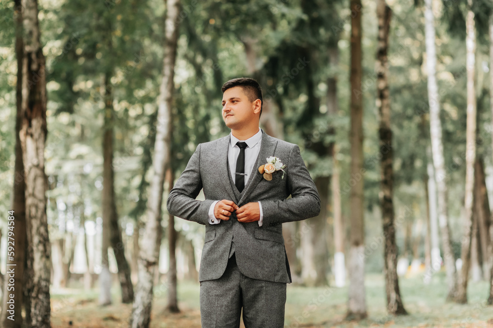 a stylish groom walks forward in the forest buttoning his jacket between tall trees. A fashionable groom, an adult man a stylish groom walks forward in the forest buttoning his jacket between tall trees. A fashionable groom, an adult man