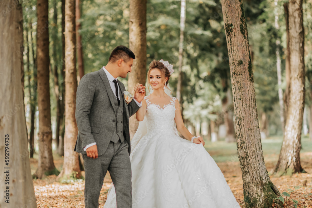 the bride and groom walk hand in hand through the forest. Happy couple. Wedding photo. Couple in love. Tall trees, wide-angle photo. Perfect light the bride and groom walk hand in hand through the forest. Happy couple. Wedding photo. Couple in love. Tall trees, wide-angle photo. Perfect light