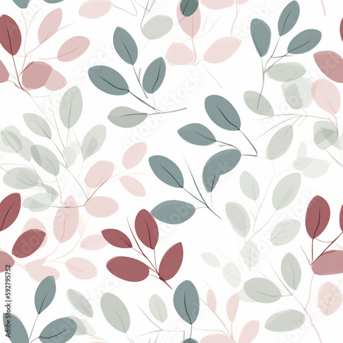 a seamless pattern of light maroon and light green eucalyptus leaves  white background  minimalist  romantic illustrations  clean and simple