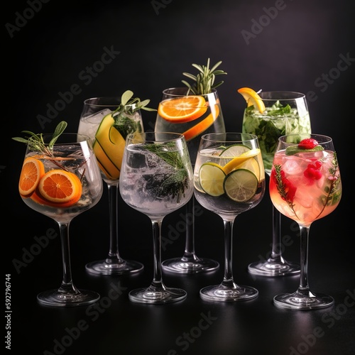 Set of gin and tonic cocktails. Trendy alcoholic cocktails in wine glasses with lime, lemon, grapefruit, orange, cucumber, soda, and spicy herbs. Cocktail party in the summer. generative ai