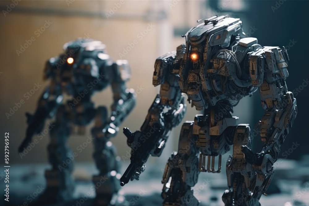 Soldier in combat gear or a robot with artificial intelligence, combat suit, war zone and war weapon, fictional location, Generative AI Soldier in combat gear or a robot with artificial intelligence, combat suit, war zone and war weapon, fictional location, Generative AI