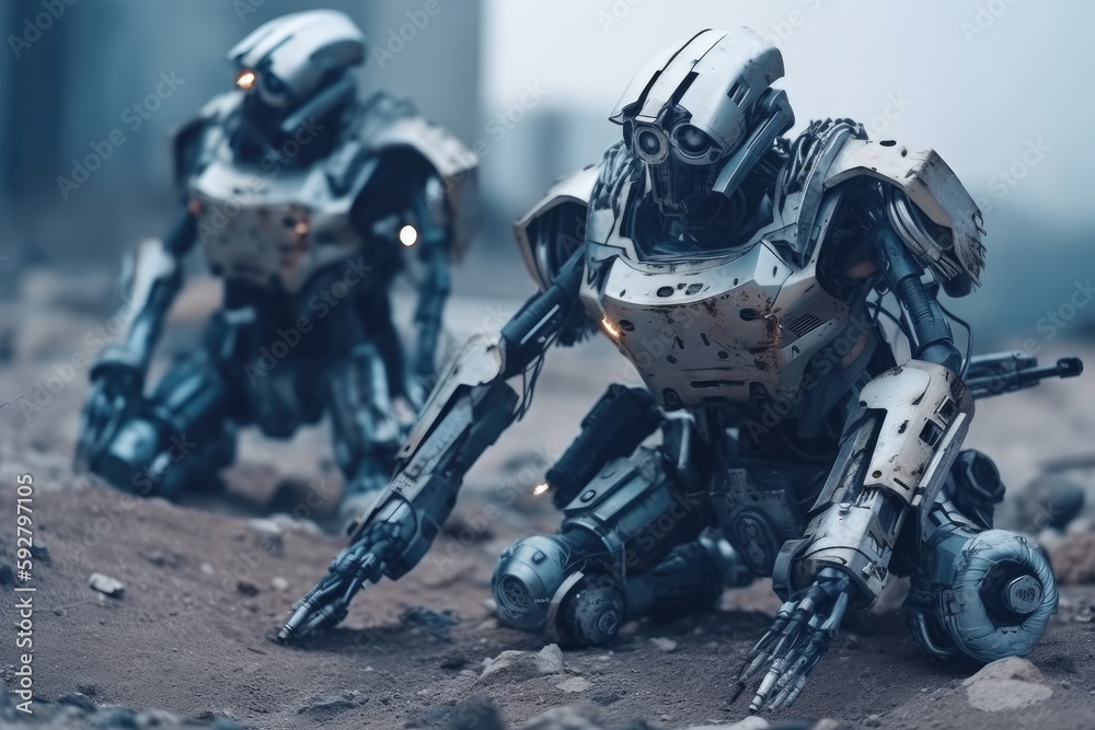 Soldier in combat gear or a robot with artificial intelligence, combat suit, war zone and war weapon, fictional location, Generative AI Soldier in combat gear or a robot with artificial intelligence, combat suit, war zone and war weapon, fictional location, Generative AI
