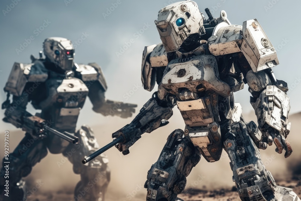 Soldier in combat gear or a robot with artificial intelligence, combat suit, war zone and war weapon, fictional location, Generative AI Soldier in combat gear or a robot with artificial intelligence, combat suit, war zone and war weapon, fictional location, Generative AI