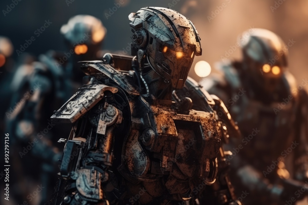 Soldier in combat gear or a robot with artificial intelligence, combat suit, war zone and war weapon, fictional location, Generative AI