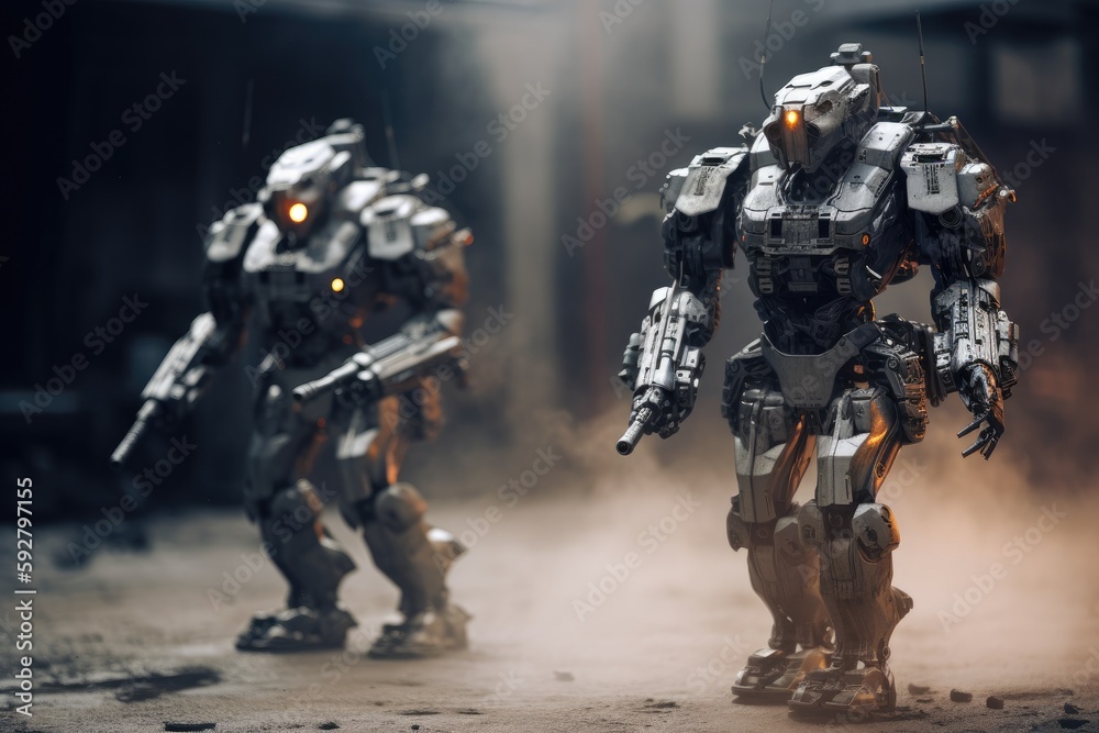 Soldier in combat gear or a robot with artificial intelligence, combat suit, war zone and war weapon, fictional location, Generative AI