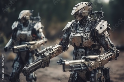 Soldier in combat gear or a robot with artificial intelligence, combat suit, war zone and war weapon, fictional location, Generative AI